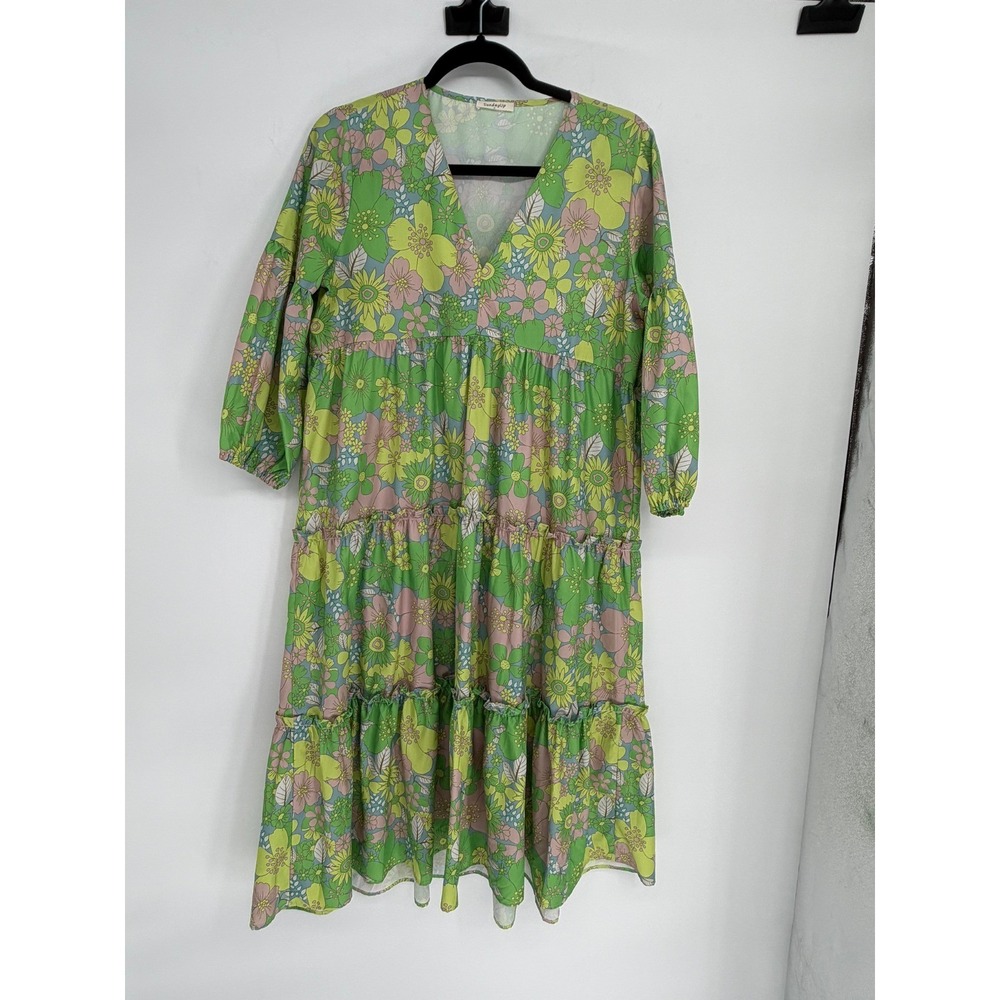 SundayUp Women Green Floral Tiered Midi Dress V-Neck Long Sleeve Retro Size M
